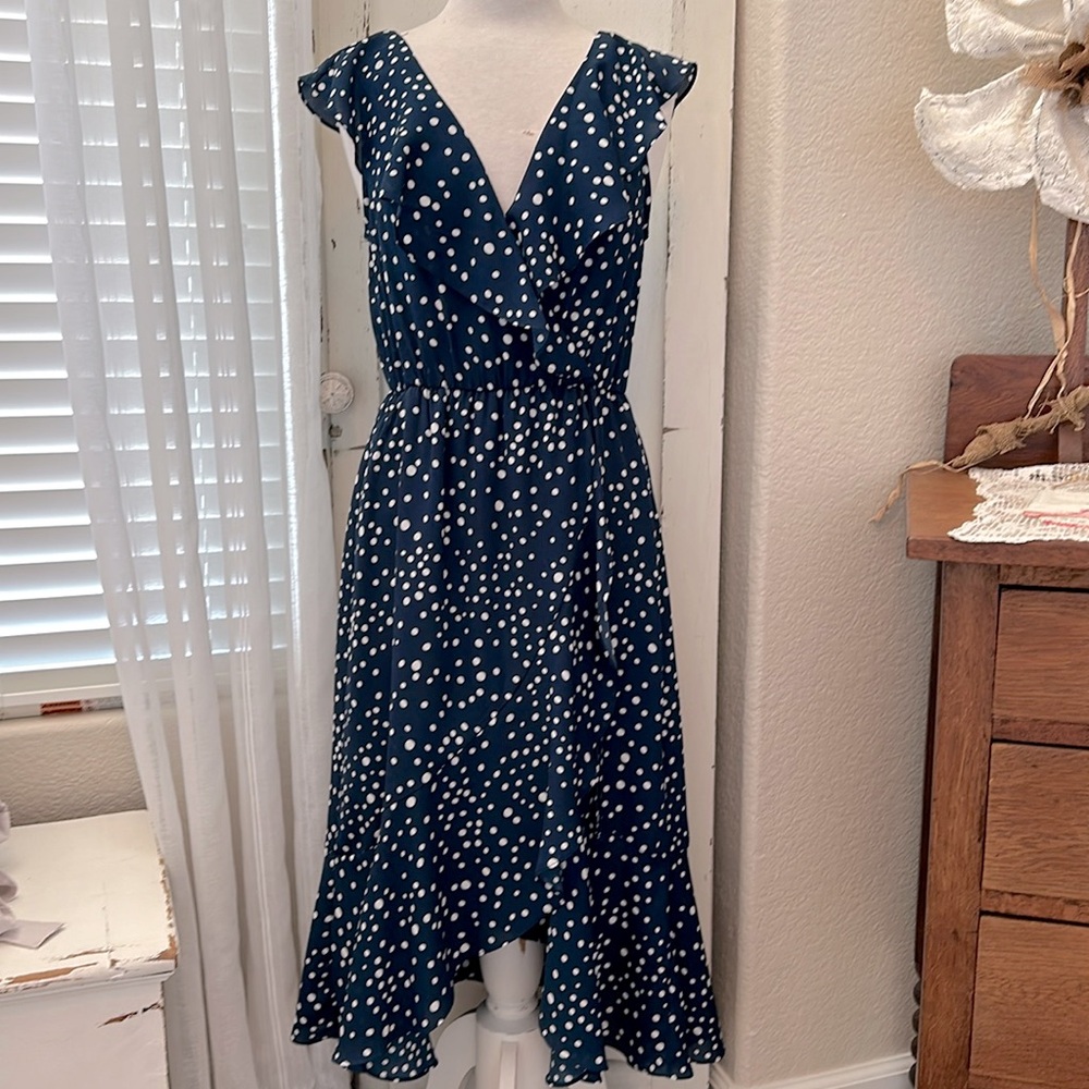 Cute ruffle dress, navy blue with white polka dots